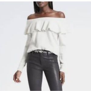 Feather touch ruffle off the shoulder sweater